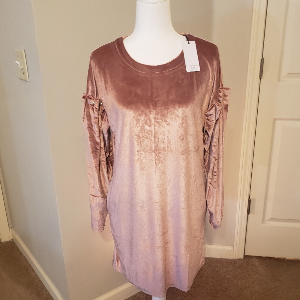 Mauve Velvet Pearl Detail Sleeve Dress - Picture 6 of 10